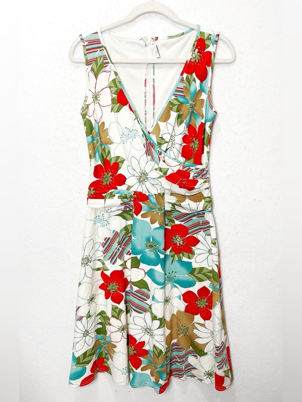 Vintage Tadashi Floral Print Wrap Front Fit & Flare Dress Size M White Red Teal